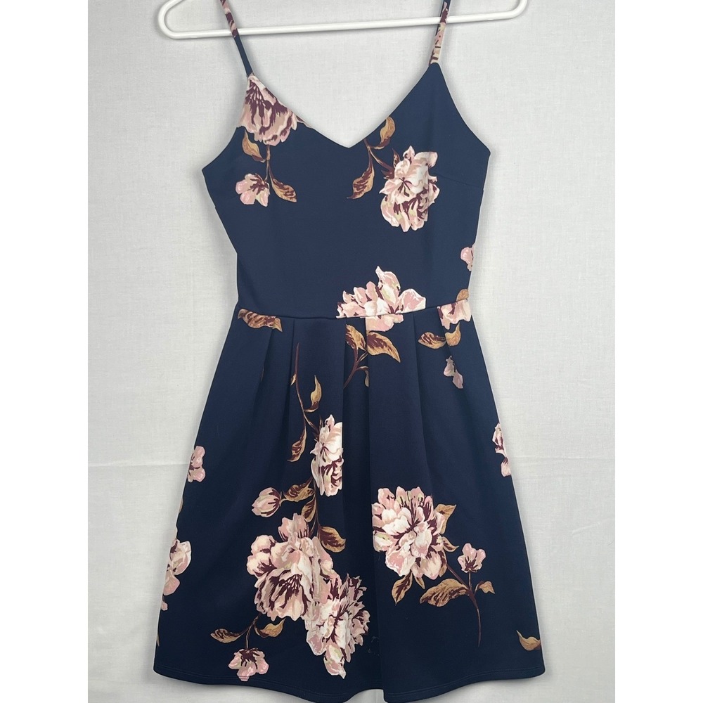 Monteau Los Angeles Floral Fit & Flare Dress Navy Pink Spaghetti Strap Size S